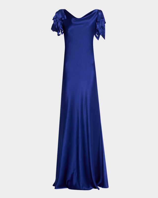Cowl-Neck Petal-Sleeve Satin Gown